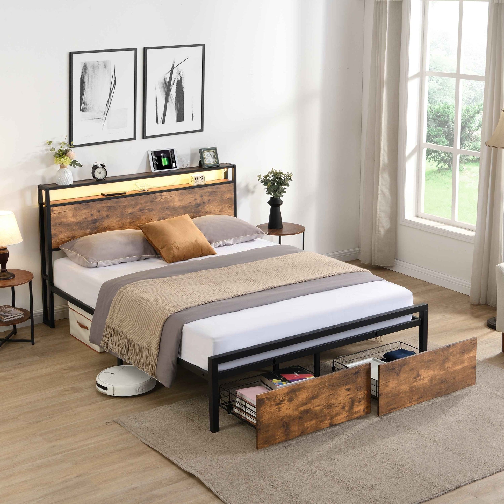 Rustic Farmhouse Wood Platform Bed with Storage Drawers- USA