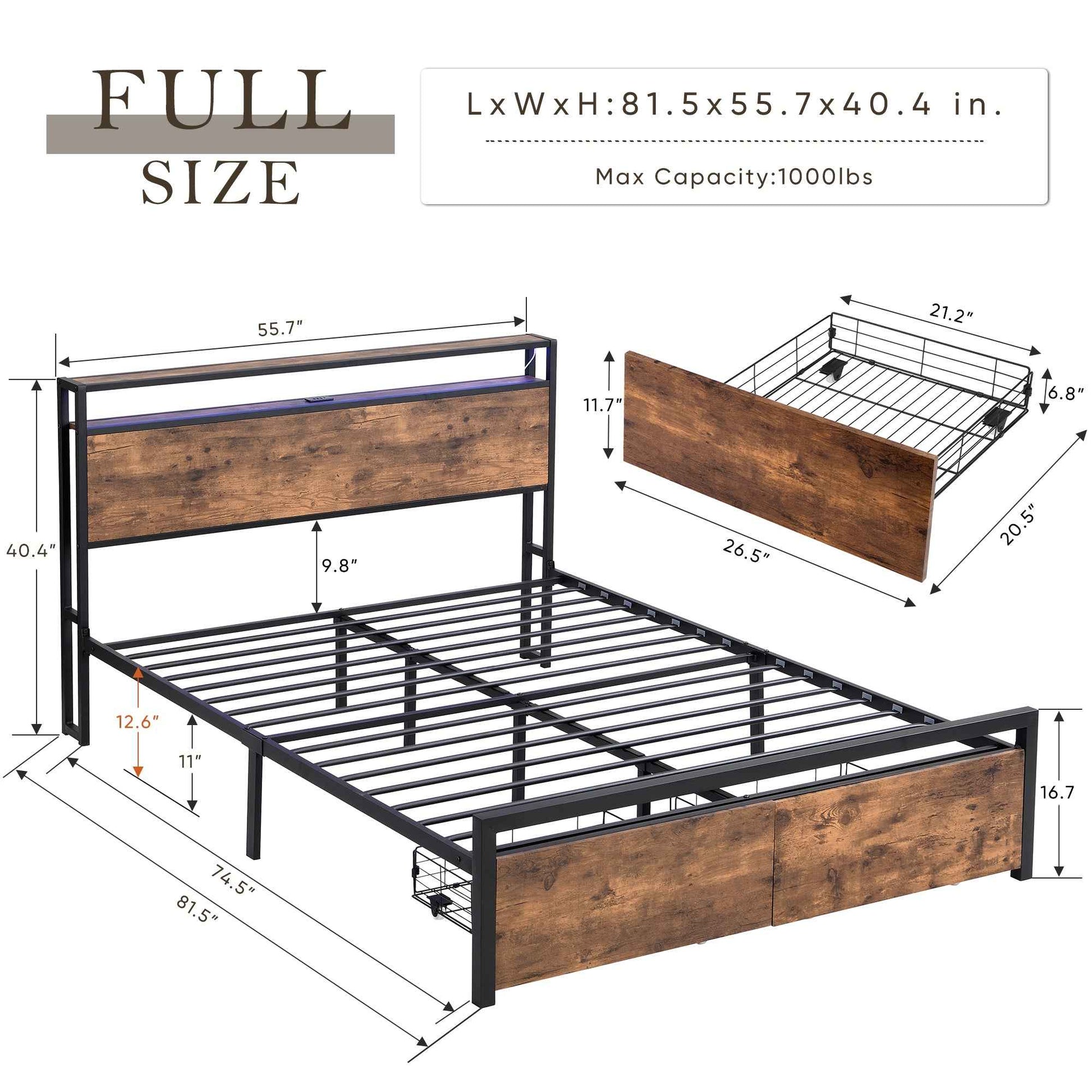 Rustic Farmhouse Wood Platform Bed with Storage Drawers- USA