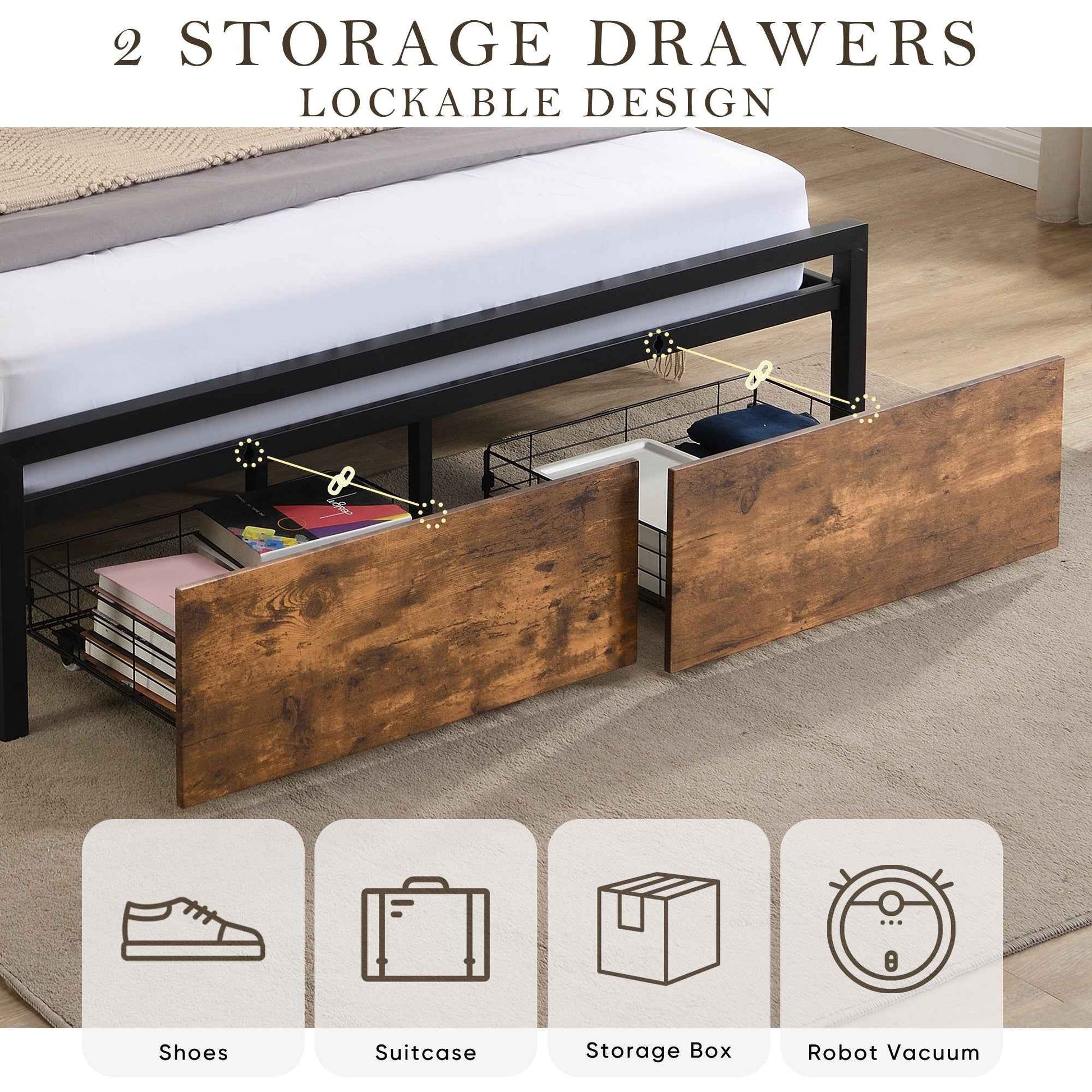 Rustic Farmhouse Wood Platform Bed with Storage Drawers- USA