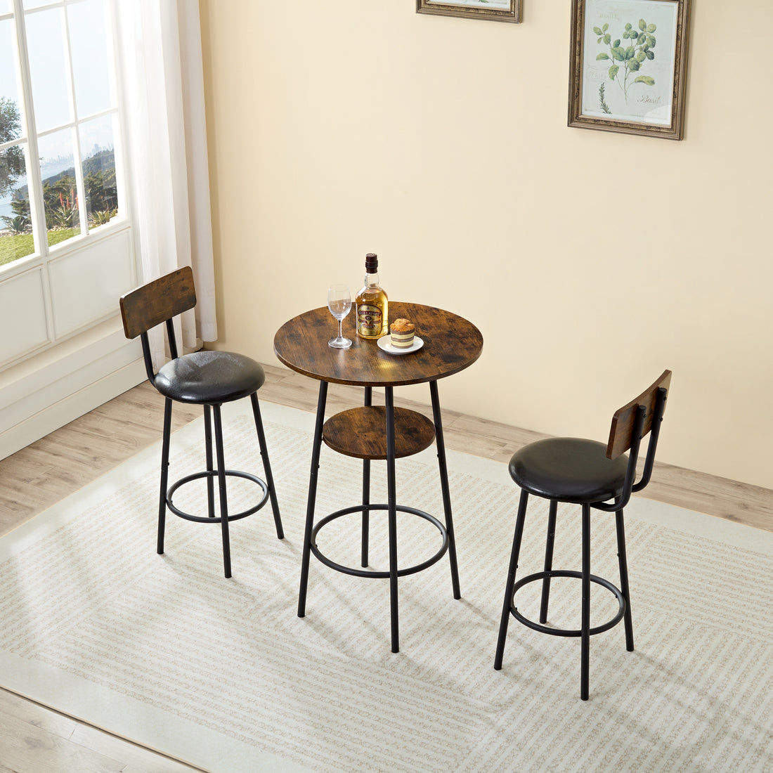 Rustic Pub Table Set with 2 Upholstered Stools USA