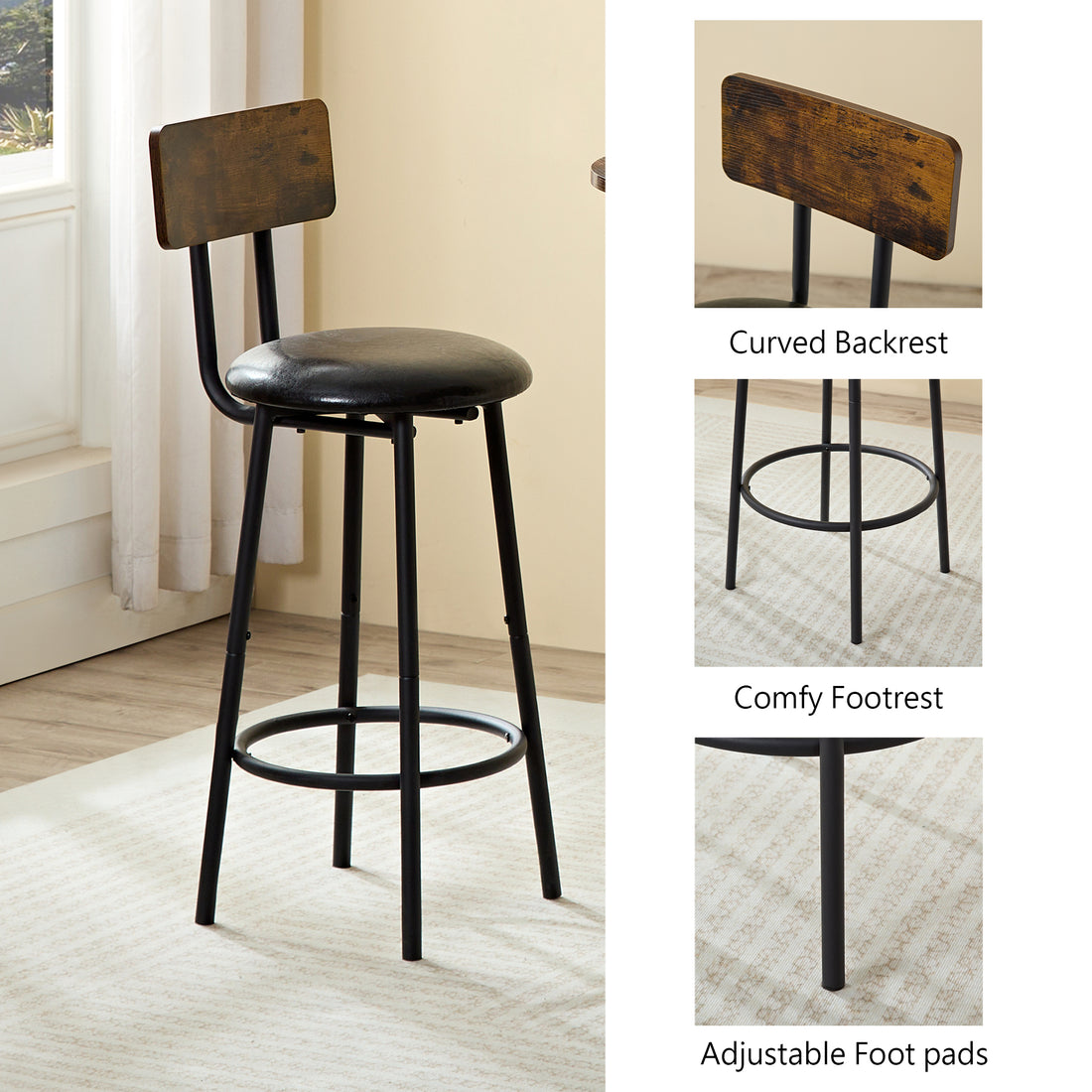 Rustic Pub Table Set with 2 Upholstered Stools USA