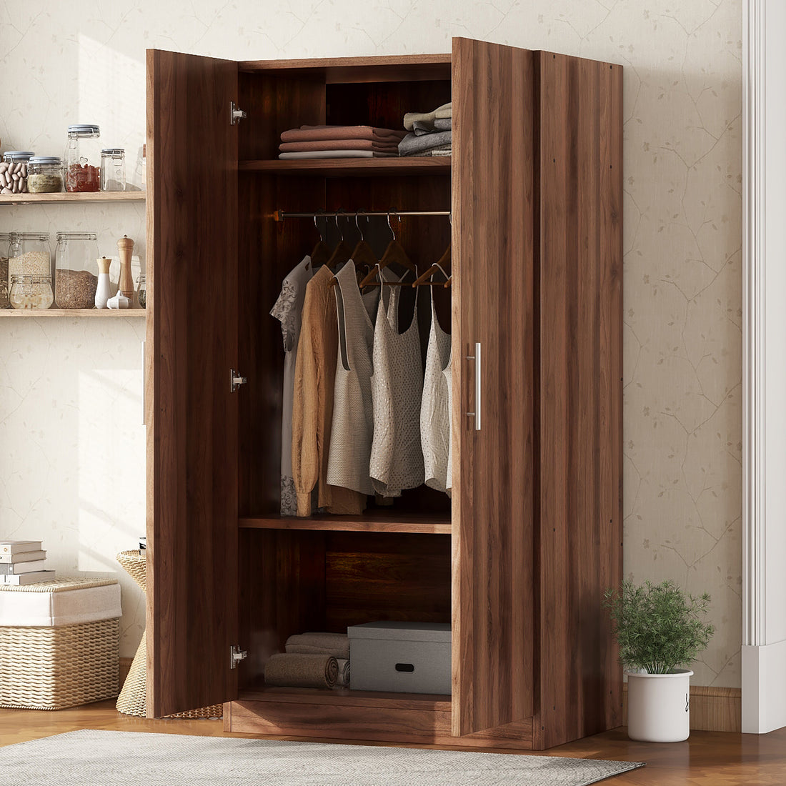 Rustic Wooden Wardrobe with Hanging Rod and Shelves USA