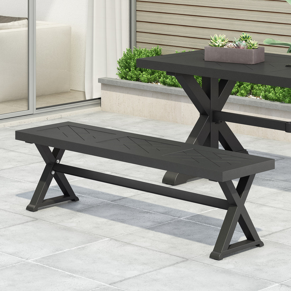 Rustic X-Frame Outdoor Dining Bench in Matte Black Finish USA