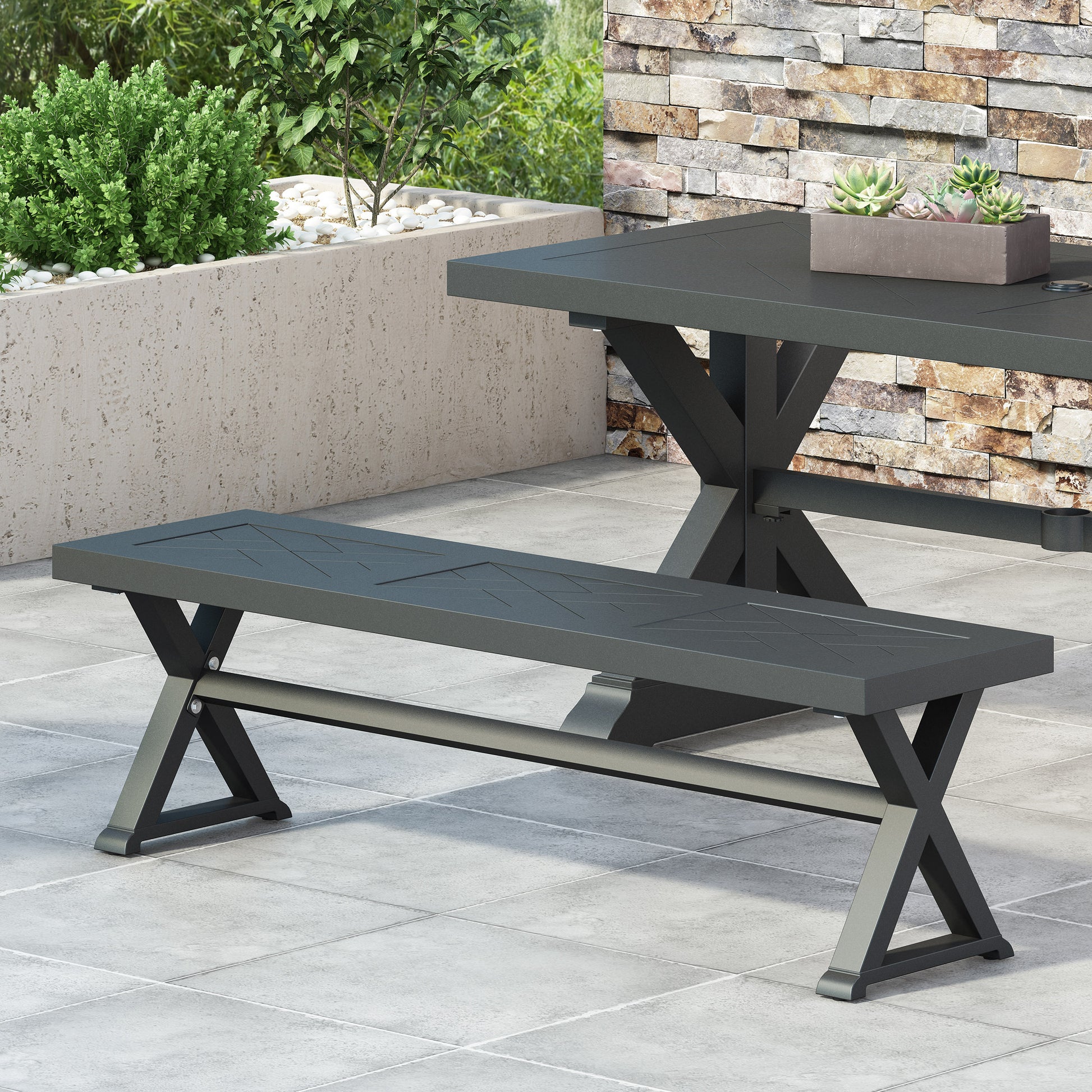 Rustic X-Frame Outdoor Dining Bench in Matte Black Finish USA