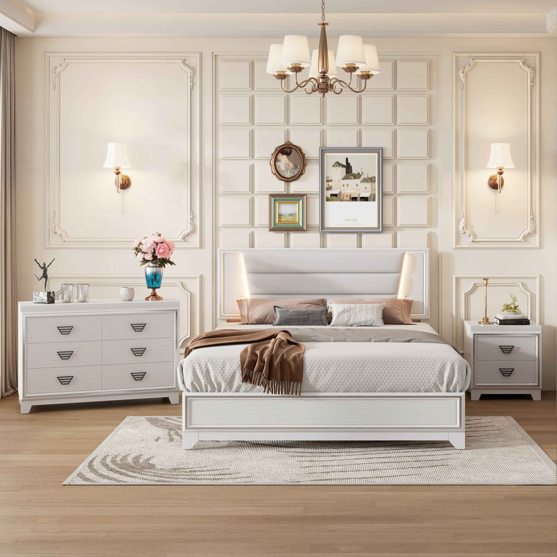 Stunning White Upholstered Bed Frame with Elegant Nightstands and Dresser Set