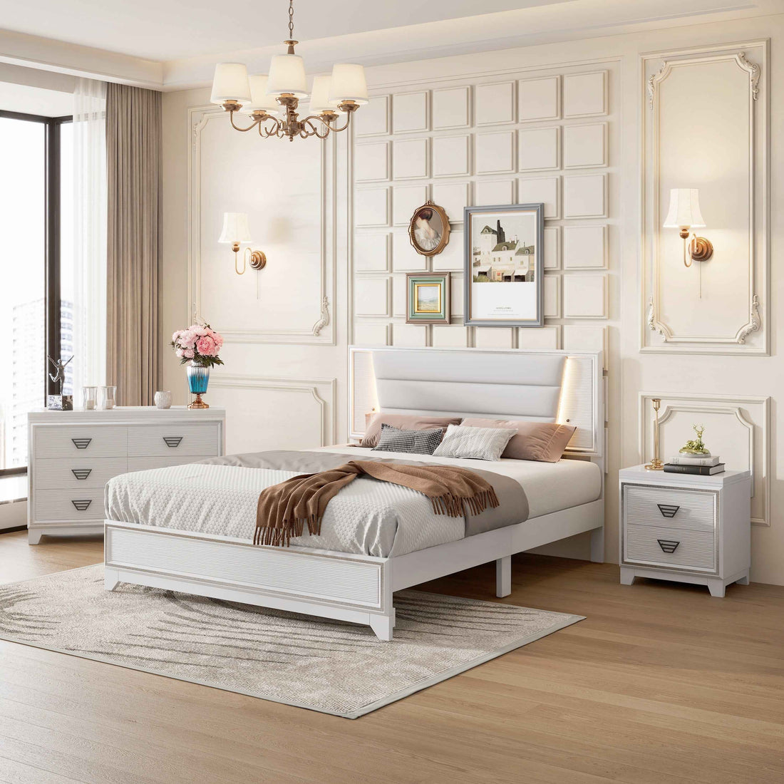 Stunning White Upholstered Bed Frame with Elegant Nightstands and Dresser Set