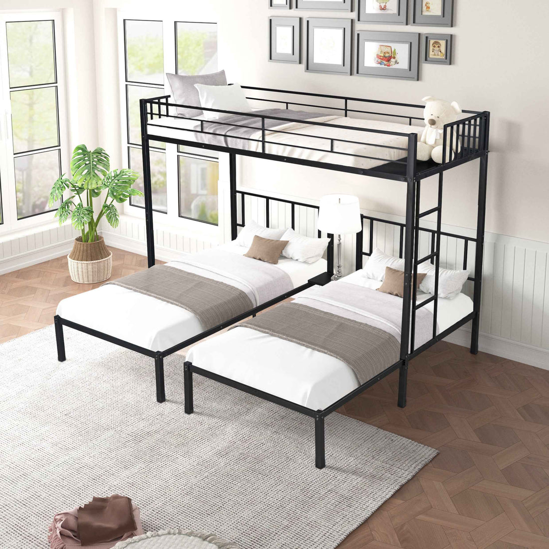 Sturdy Metal Triple Twin Bunk Bed - Easily Separates into 3 Individual Beds- USA