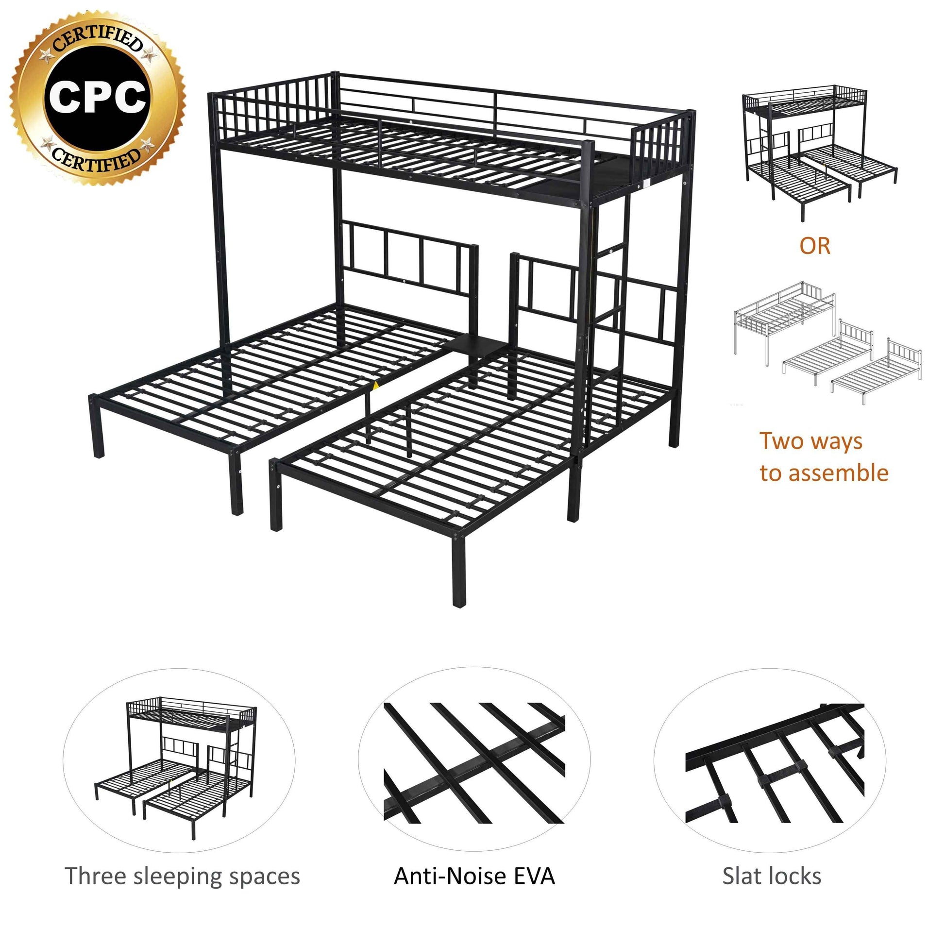 Sturdy Metal Triple Twin Bunk Bed - Easily Separates into 3 Individual Beds- USA