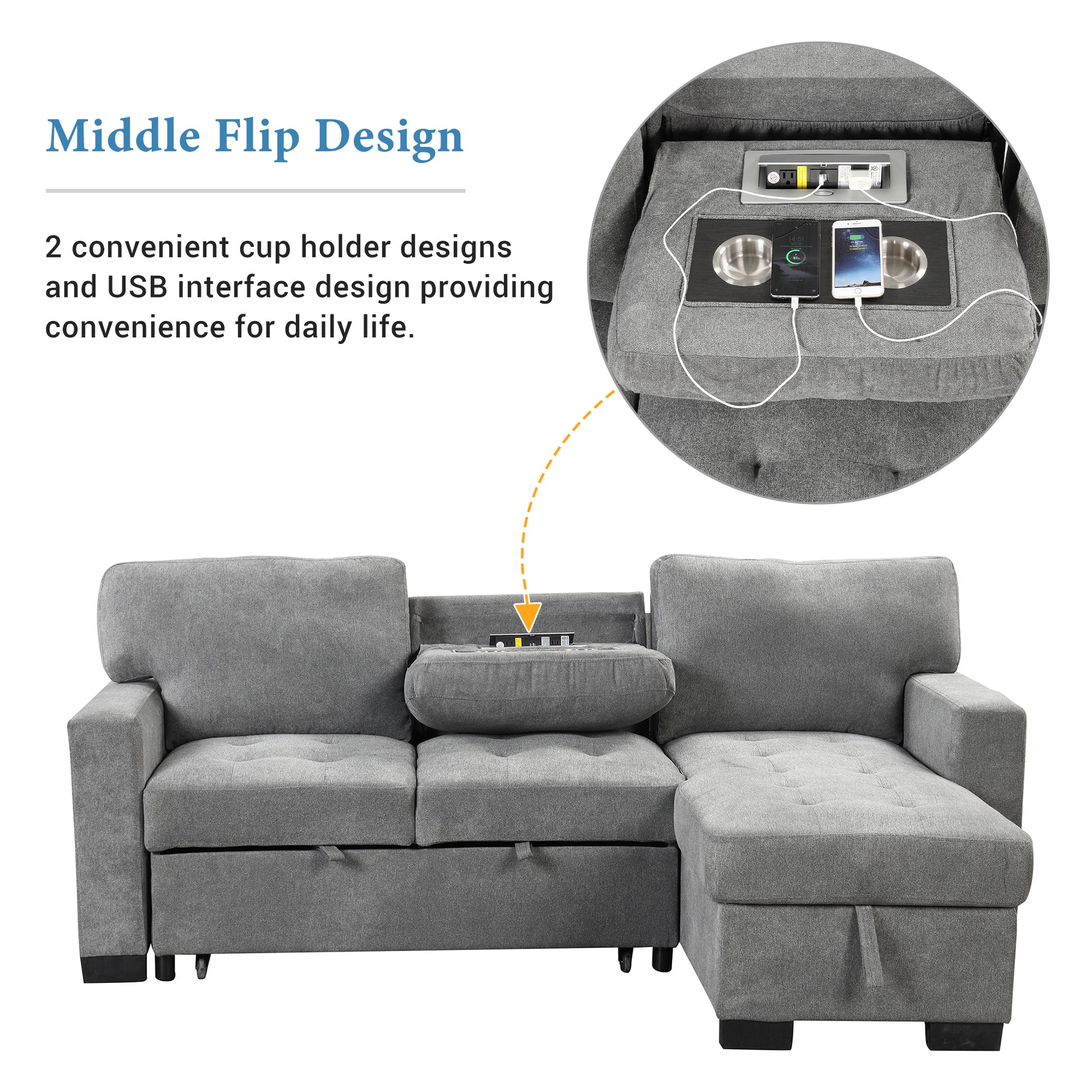 Stylish Convertible Sectional Sofa with Storage and USB Ports USA