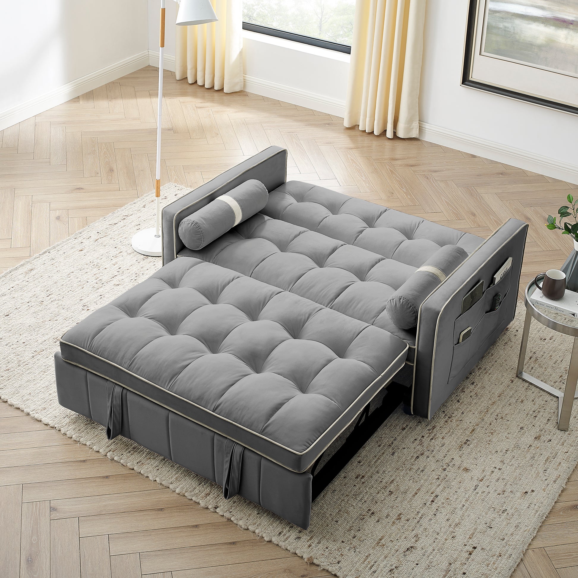 Stylish Modern 55.5 Convertible Sofa Bed with Storage Ottomans USA