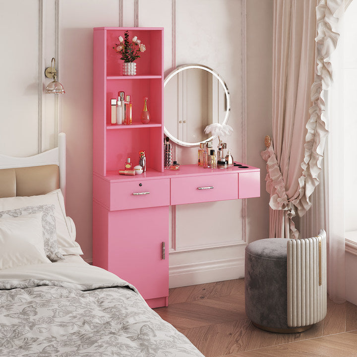 Stylish Pink Modern Vanity Desk with Shelving Unit USA