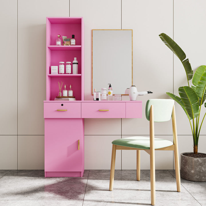 Stylish Pink Modern Vanity Desk with Shelving Unit USA