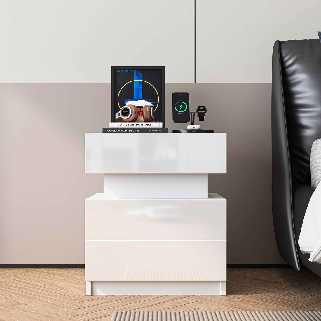 Stylish Scandinavian White Nightstand with Built-In Lighting