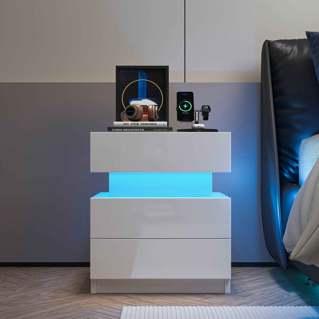 Stylish Scandinavian White Nightstand with Built-In Lighting