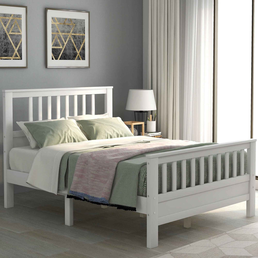 Transitional White Wooden Slatted Queen Bed Frame- USA