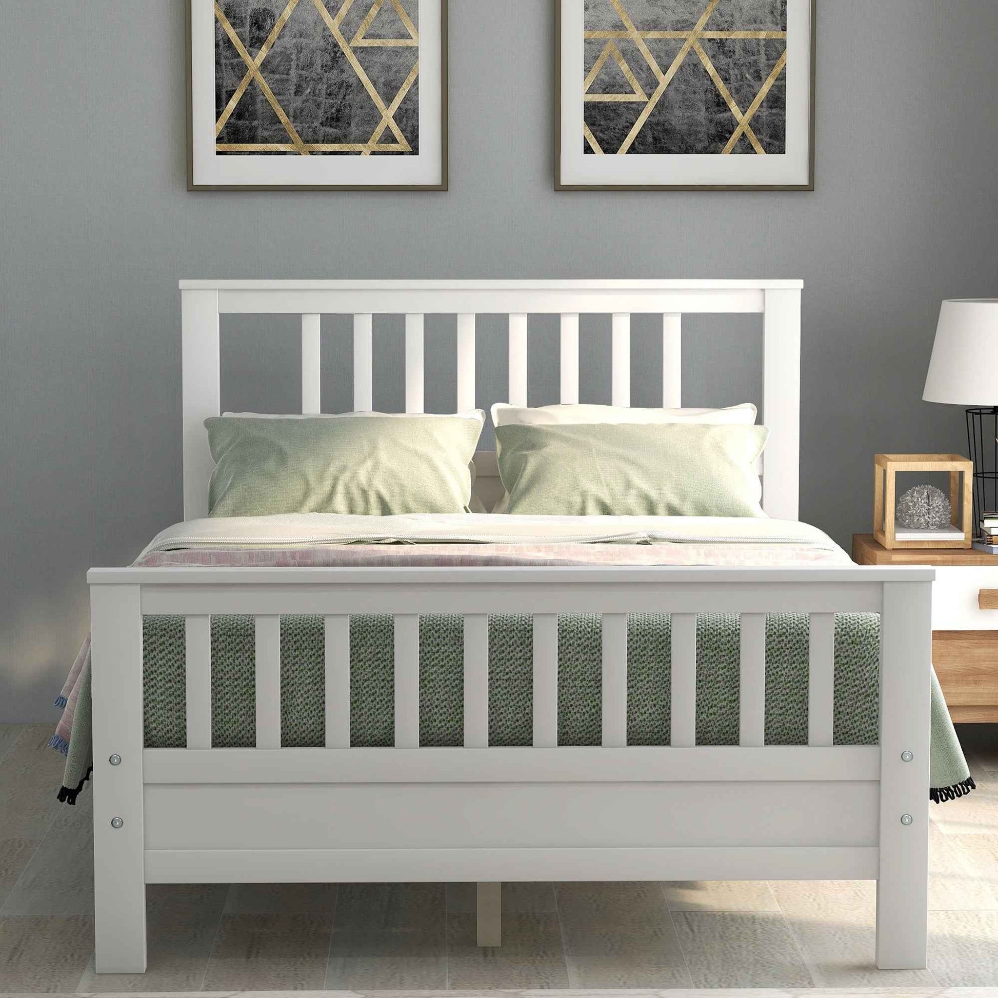 Transitional White Wooden Slatted Queen Bed Frame- USA