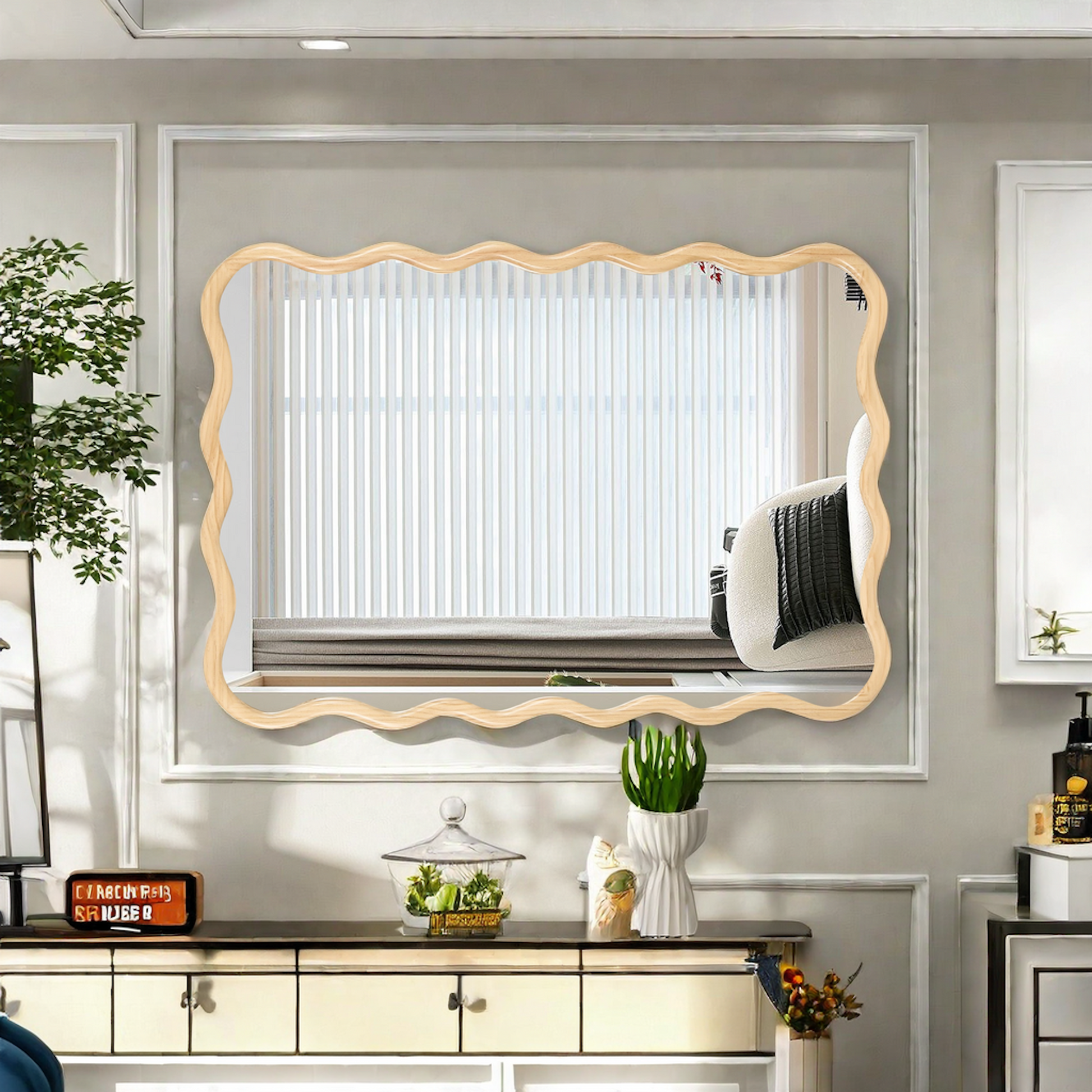 Wavy Rectangle Solid Wood Mirror - Natural 40 x 28 Decorative Wall Art for Home USA