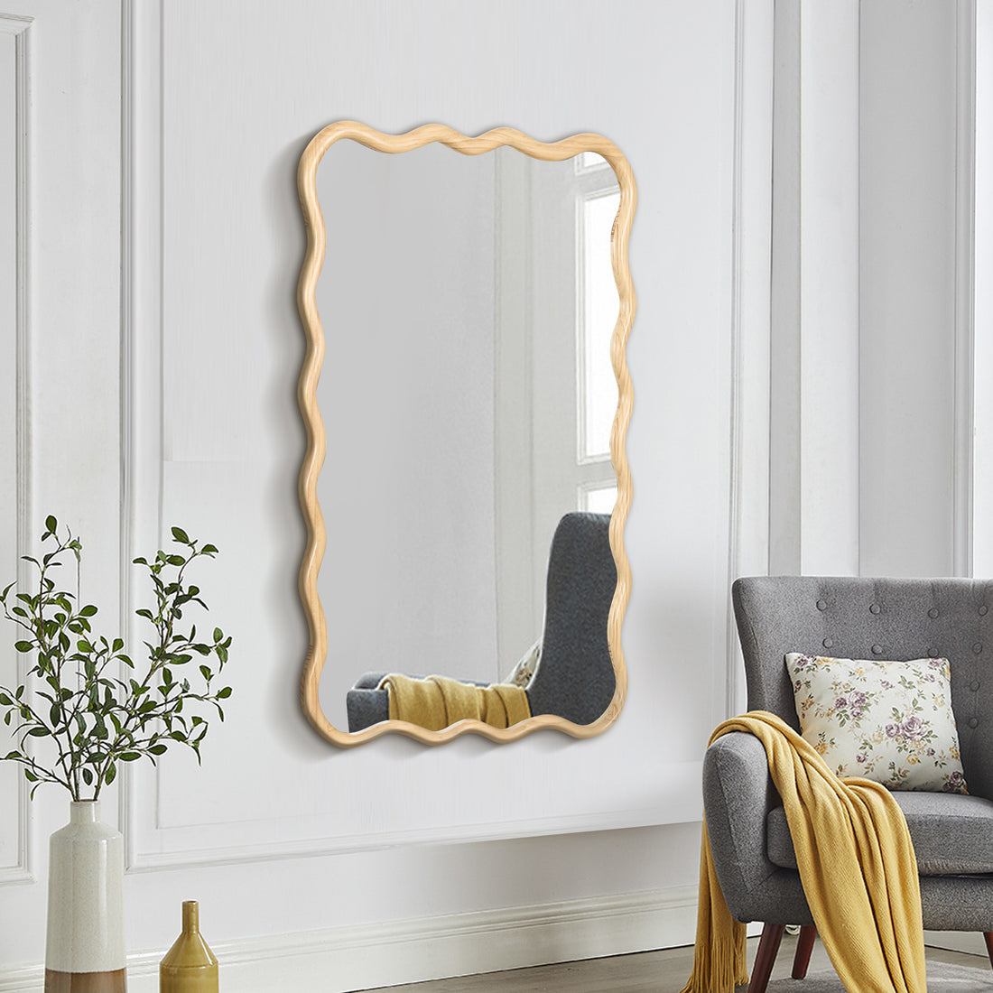 Wavy Rectangle Solid Wood Mirror - Natural 40 x 28 Decorative Wall Art for Home USA