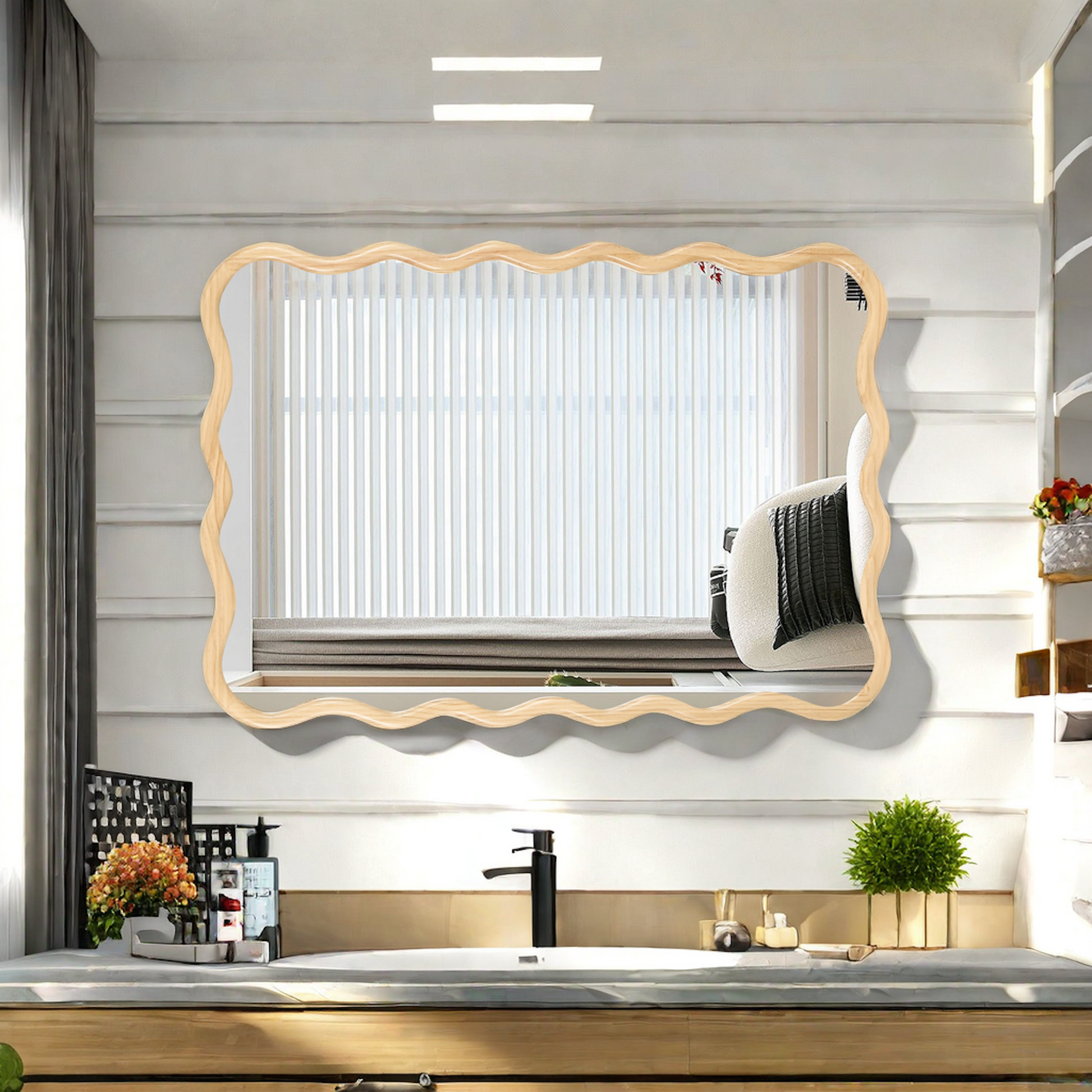 Wavy Rectangle Solid Wood Mirror - Natural 40 x 28 Decorative Wall Art for Home USA