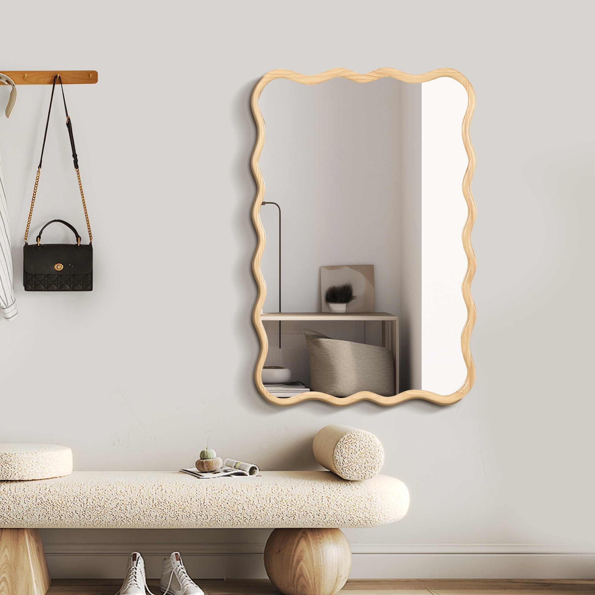 Wavy Rectangle Solid Wood Mirror - Natural 40 x 28 Decorative Wall Art for Home USA