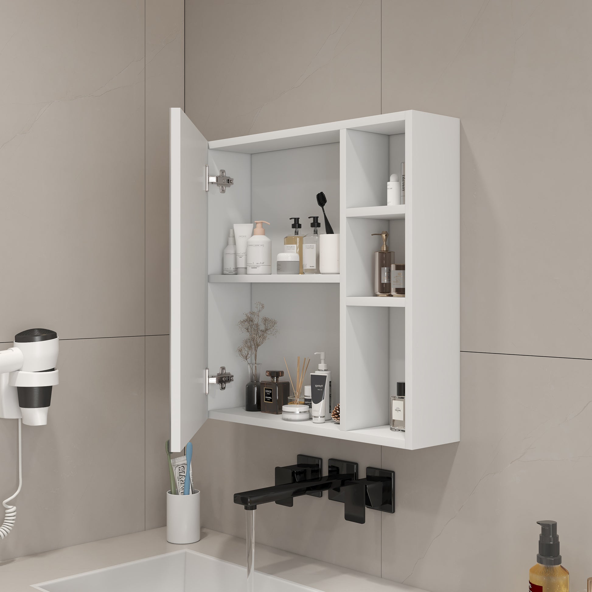 White MDF Bathroom Mirror Cabinet with Wall-Mounted Mirror - Space-Saving Storage Solution USA