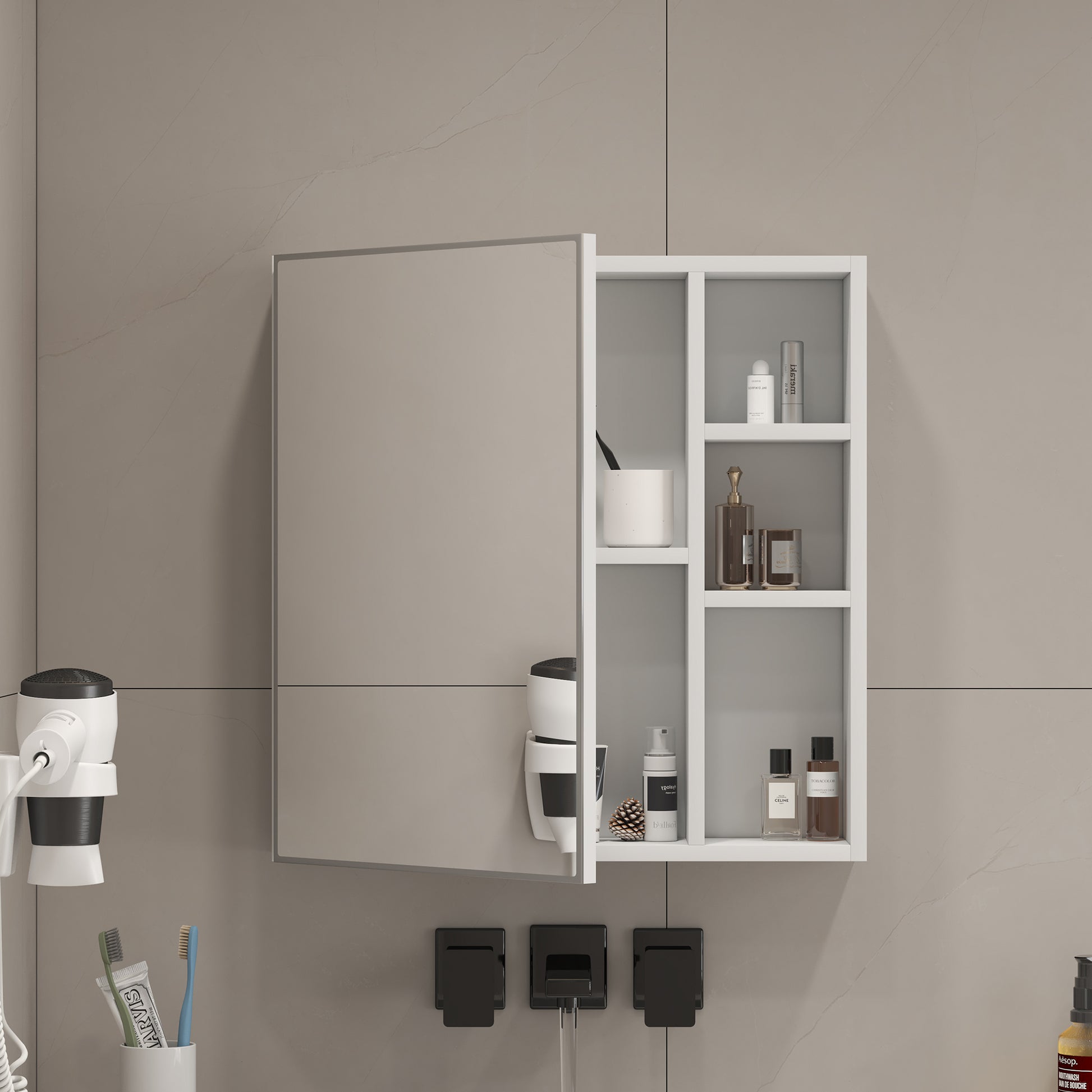 White MDF Bathroom Mirror Cabinet with Wall-Mounted Mirror - Space-Saving Storage Solution USA