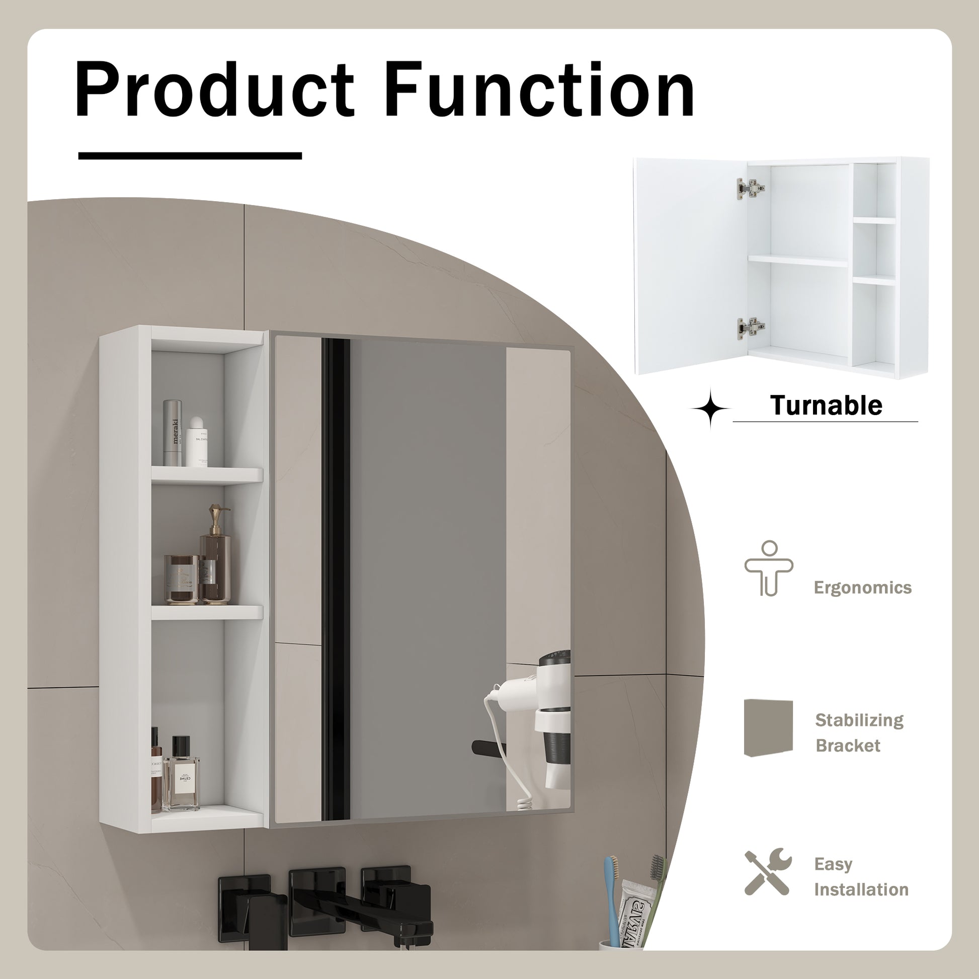 White MDF Bathroom Mirror Cabinet with Wall-Mounted Mirror - Space-Saving Storage Solution USA