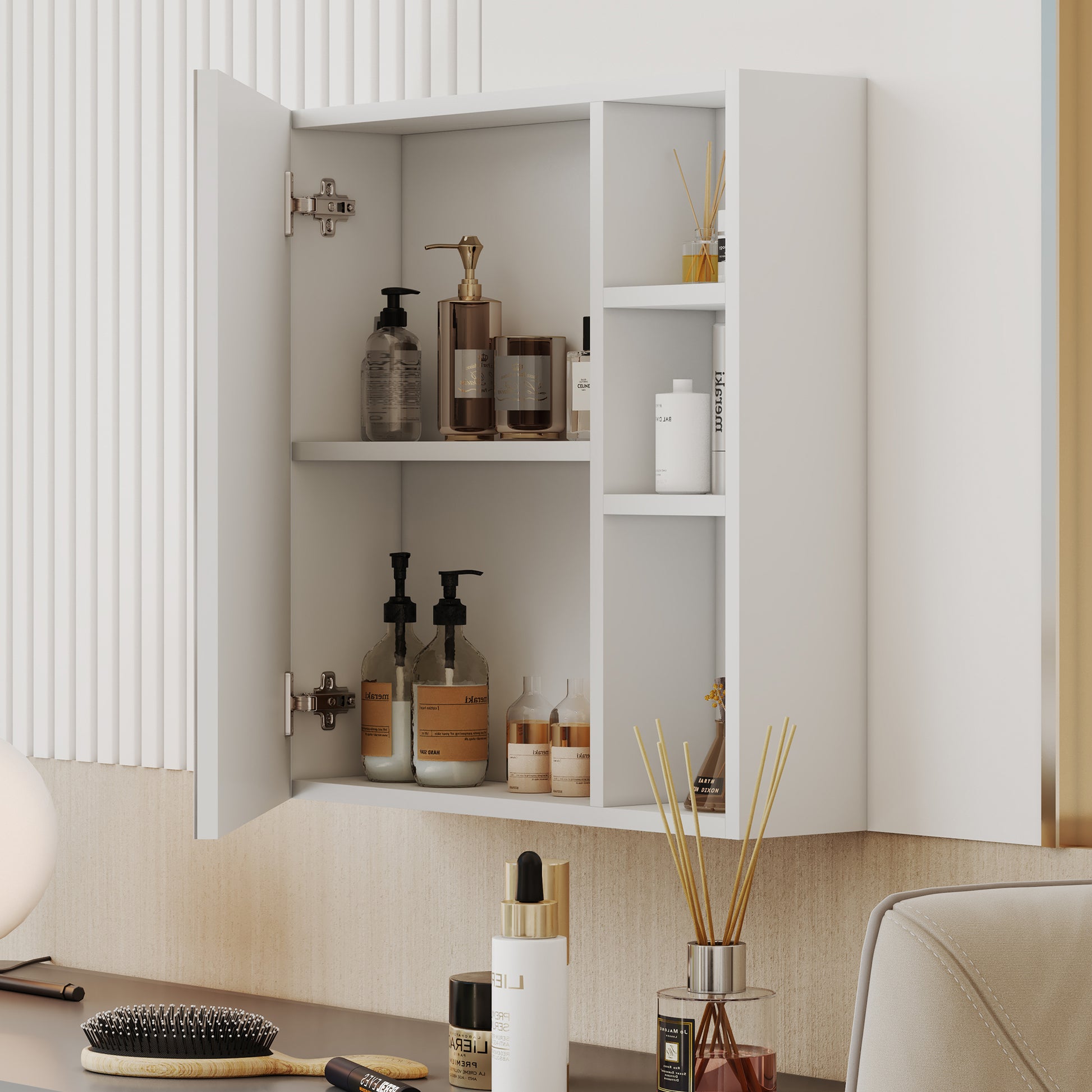 White MDF Bathroom Mirror Cabinet with Wall-Mounted Mirror - Space-Saving Storage Solution USA