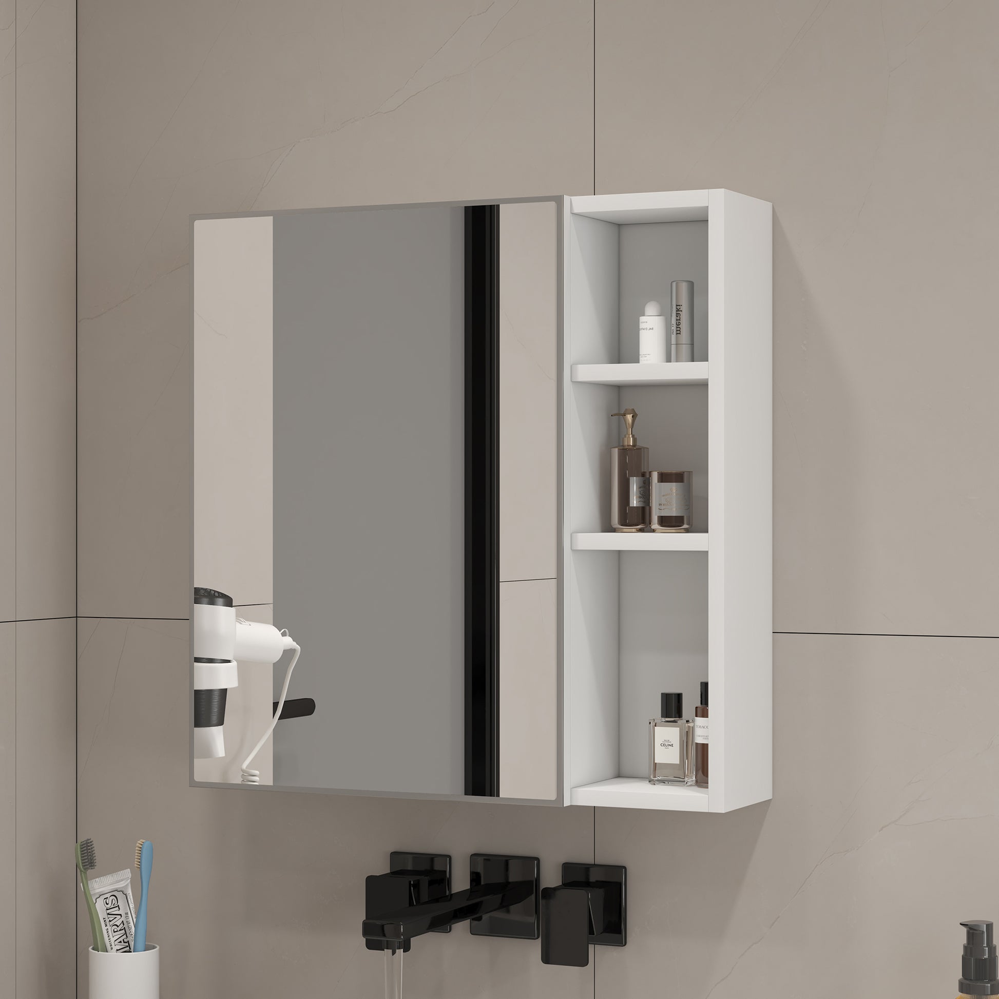 White MDF Bathroom Mirror Cabinet with Wall-Mounted Mirror - Space-Saving Storage Solution USA