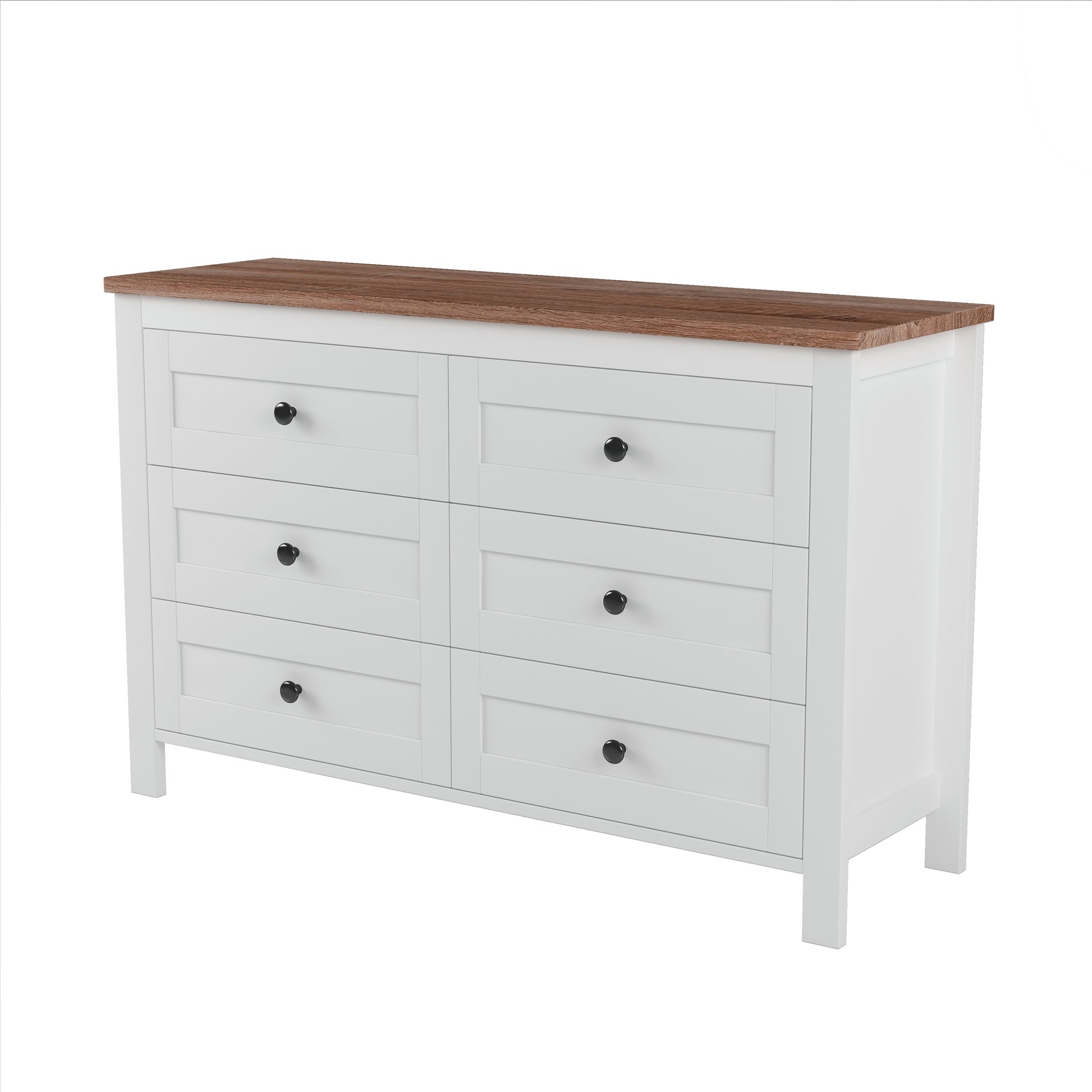 6-Drawer Farmhouse-Style Dresser with Wooden Top and White Frame, Providing Ample Storage Space for a Bedroom