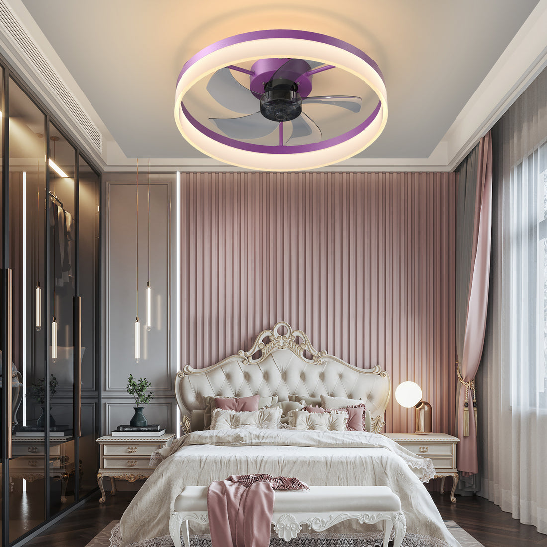 Ceiling Fans with Lights Dimmable LED Embedded installation of thin modern ceiling fans(Purple)