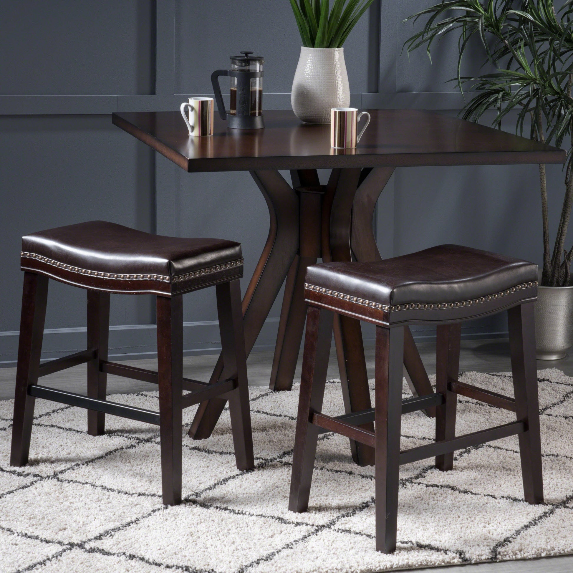 Contemporary Upholstered Saddle Bar Stools with Nailhead Trim (Set of 2)