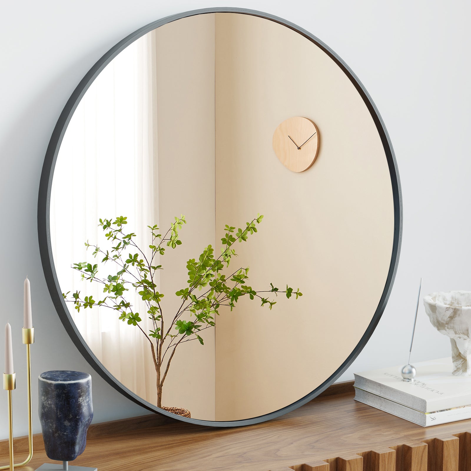 Elegant Black Round Wall Mirror - 24 Inch Decorative Mirror for Bathroom, Entryway, and Bedroom