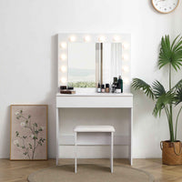 Vanity table with large lighted mirror, makeup vanity dressing table with drawer, 1pc upholstered stool ,12 light bulbs and adjustable brightness, white color