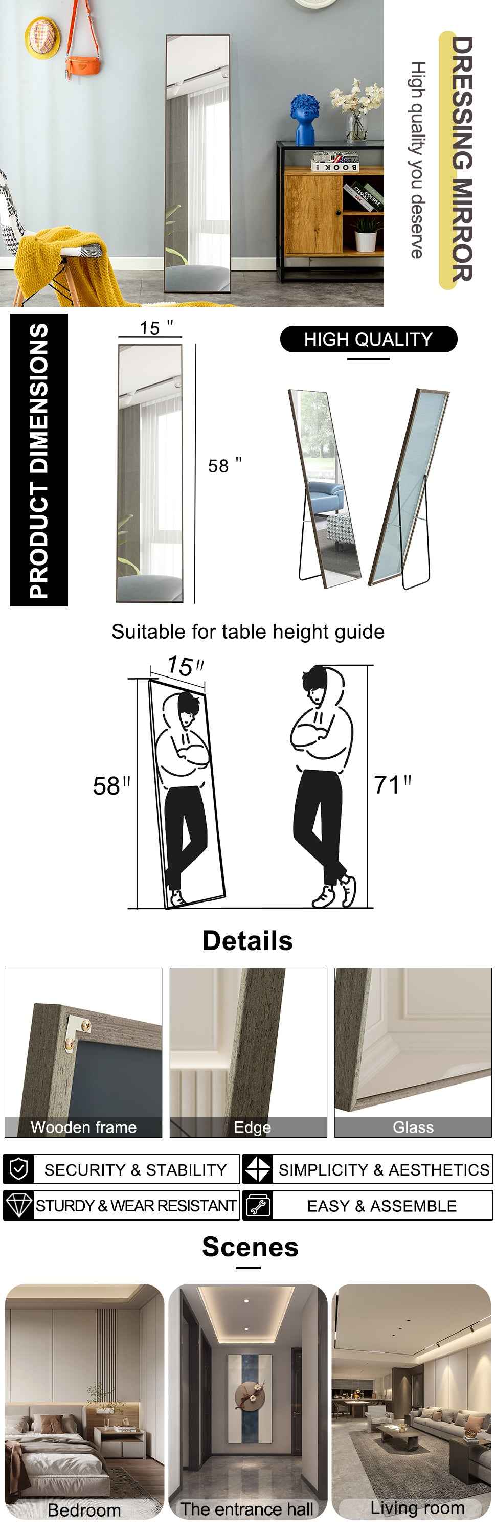 3rd generation black solid wood frame full length mirror, dressing mirror, bedroom porch, decorative mirror, clothing store, floor mounted large mirror, wall mounted. 60 '* 17'  W115155941