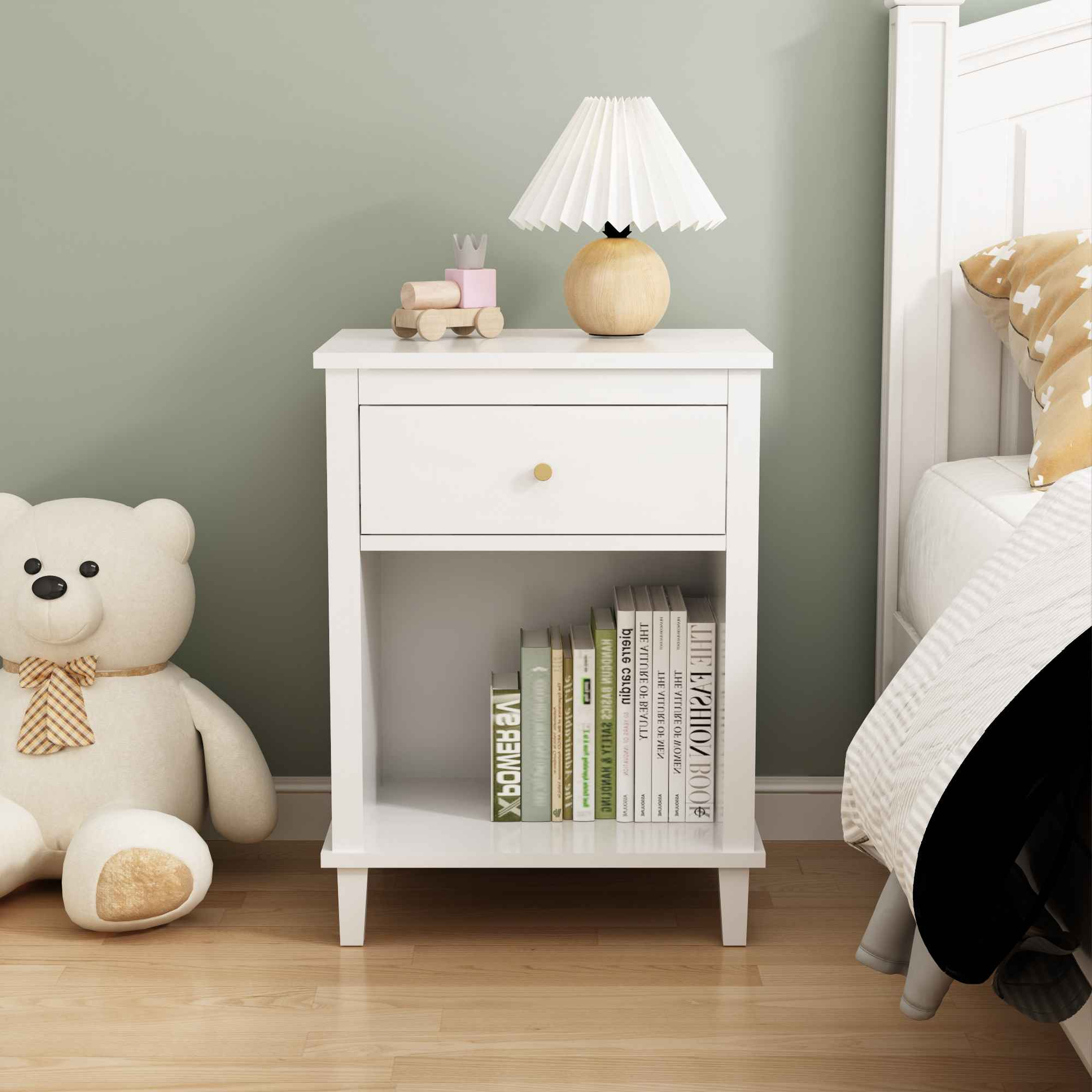 Elegant 26.77" White Wooden Nightstand with Drawer and Shelf