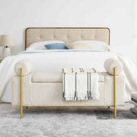 Elegant Upholstered Linen Storage Bench with Cylindrical Arms and Iron Legs