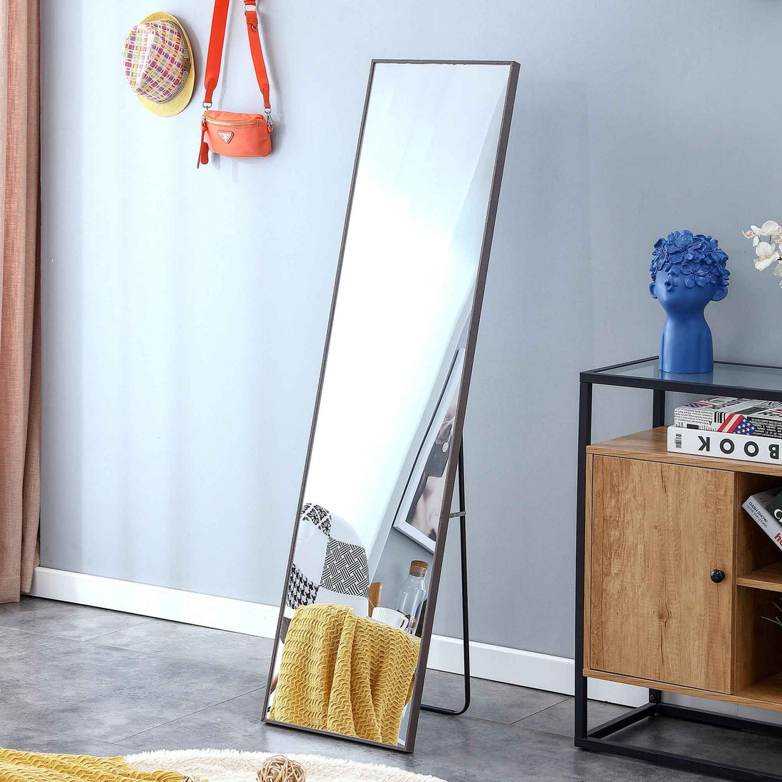 3rd generation gray solid wood frame full length mirror, dressing mirror, bedroom porch, decorative mirror, clothing store, floor mounted large mirror, wall mounted. 58 '* 15'