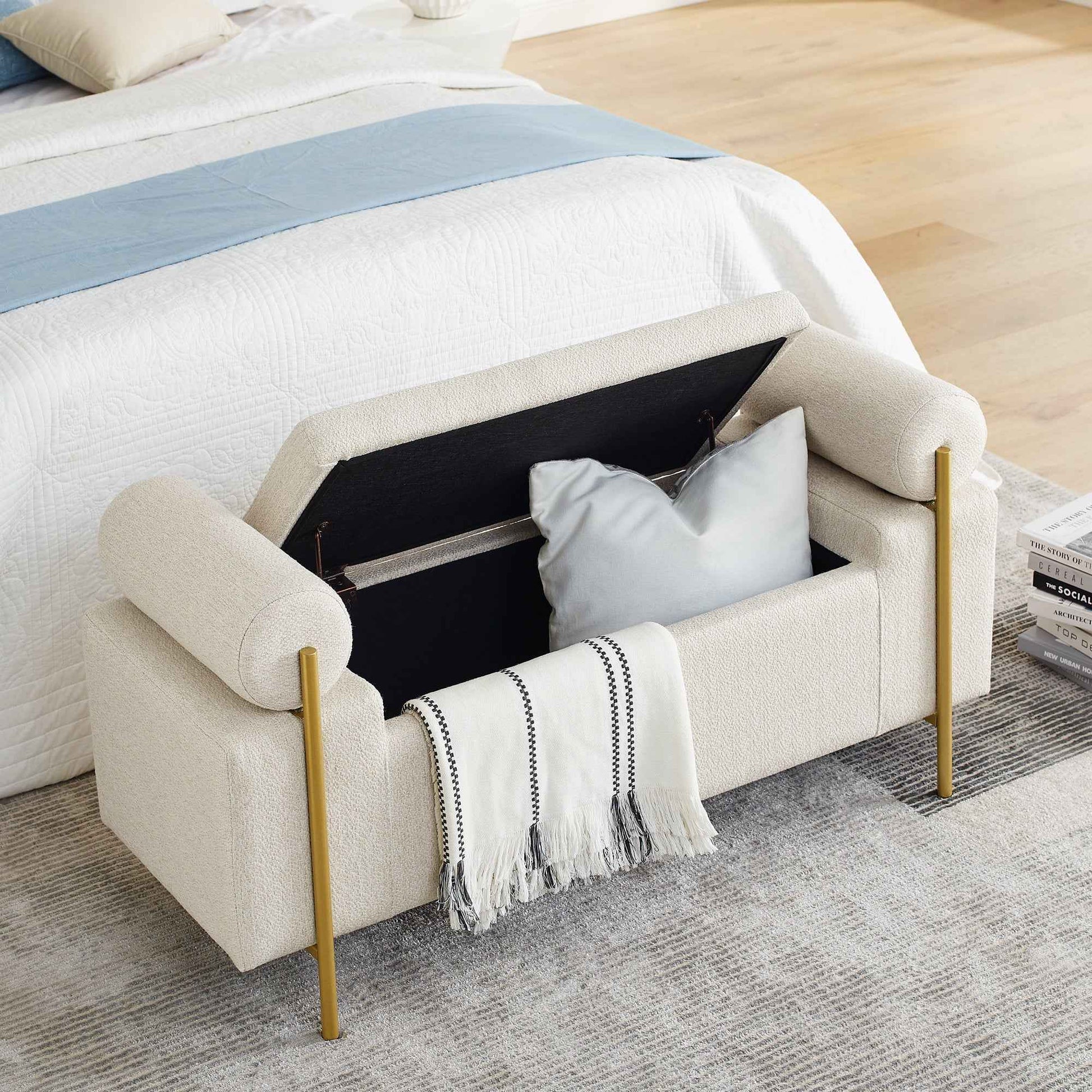 Elegant Upholstered Linen Storage Bench with Cylindrical Arms and Iron Legs