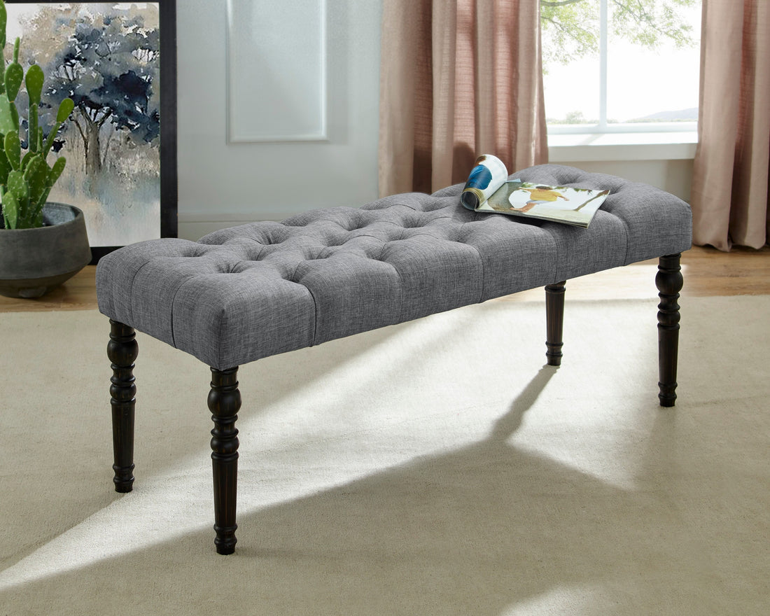 Leviton Fabric Tufted Turned Leg  Dining Bench, Gray