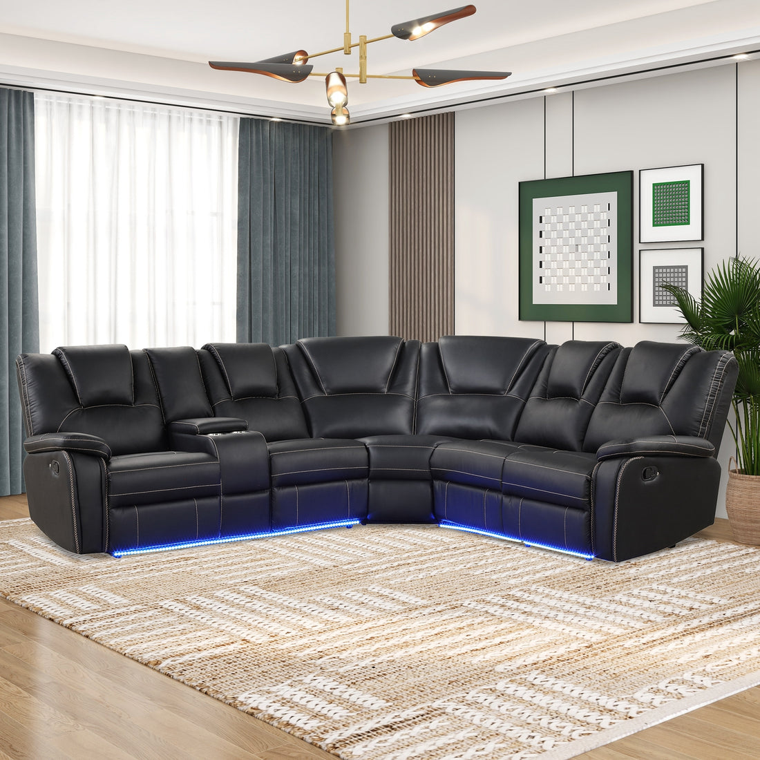 Elegant Velvet Modular 3-Piece Sectional Sofa with Center Console and LED Lights, Black