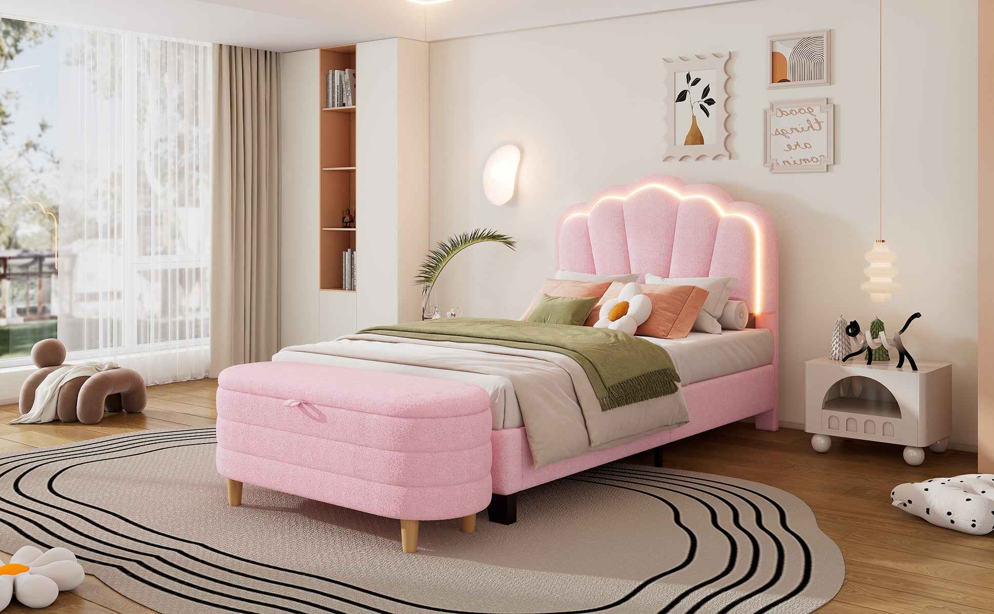 Elegant Flower-Inspired Twin Upholstered Bed with Storage Ottoman