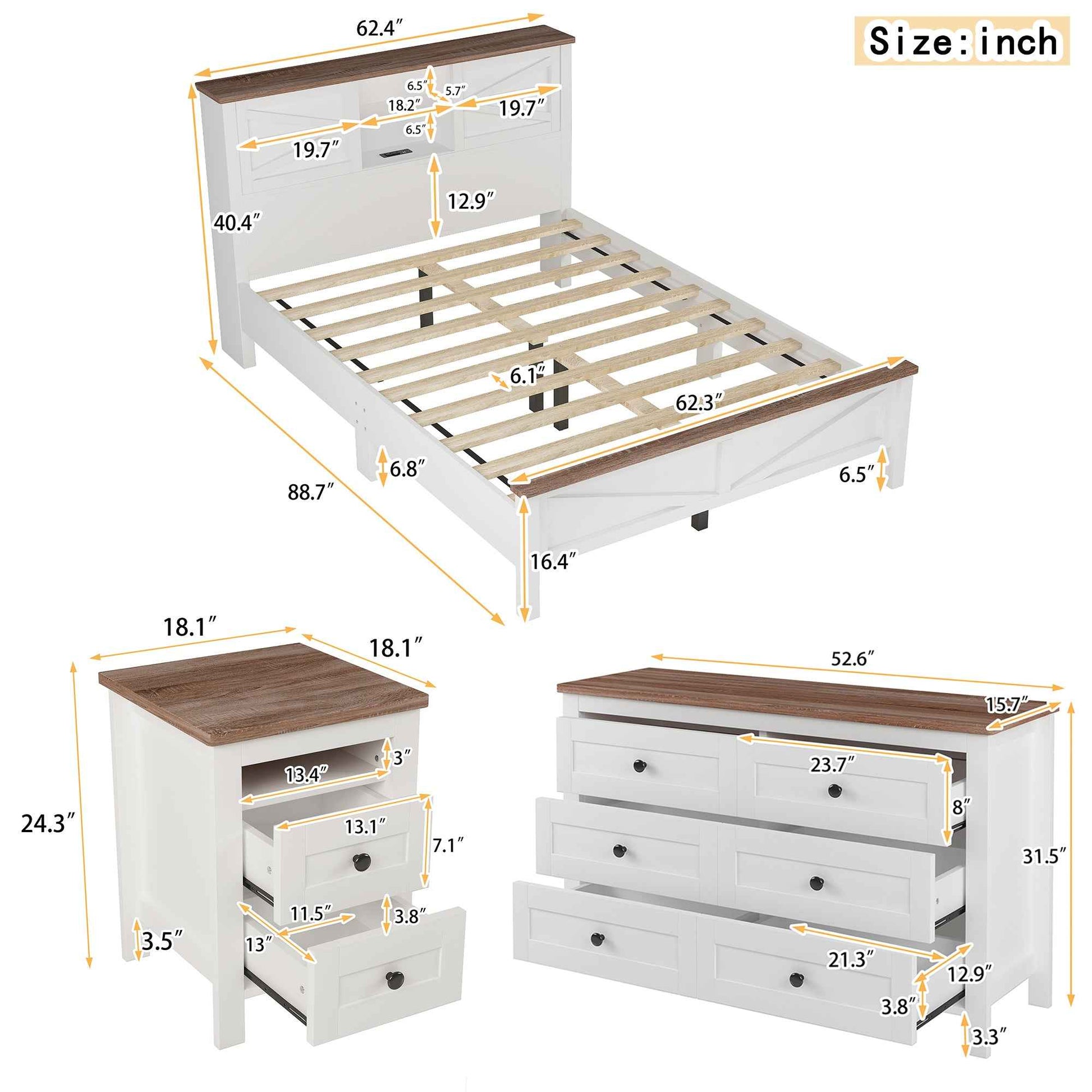 Farmhouse Chic 3-Piece Bedroom Set with Platform Bed, Dresser and Nightstand