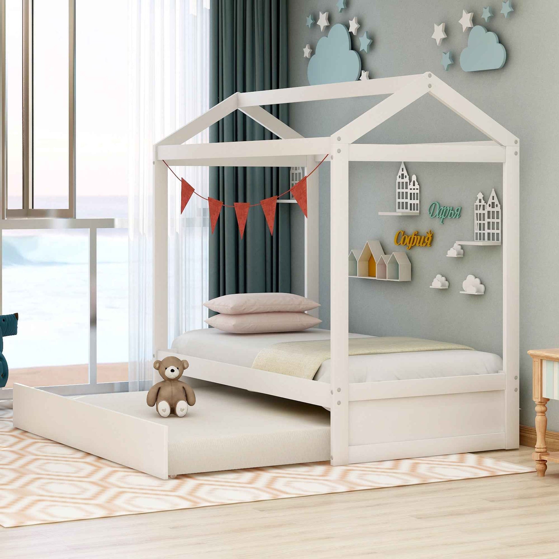 White Cottage Bunk Bed with Trundle - Stylish Wooden Bunk Bed for Kids' Bedroom- USA