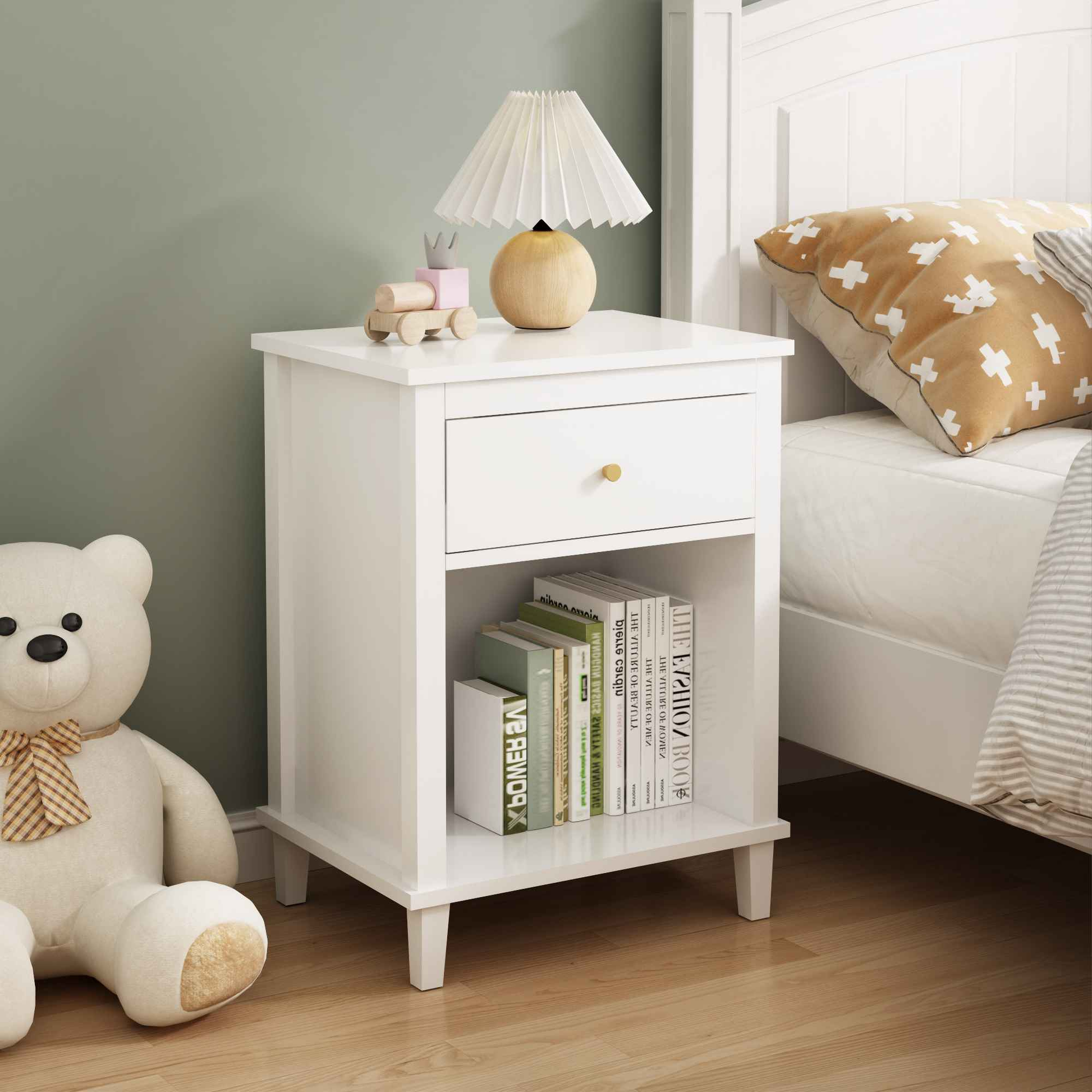 Elegant 26.77" White Wooden Nightstand with Drawer and Shelf