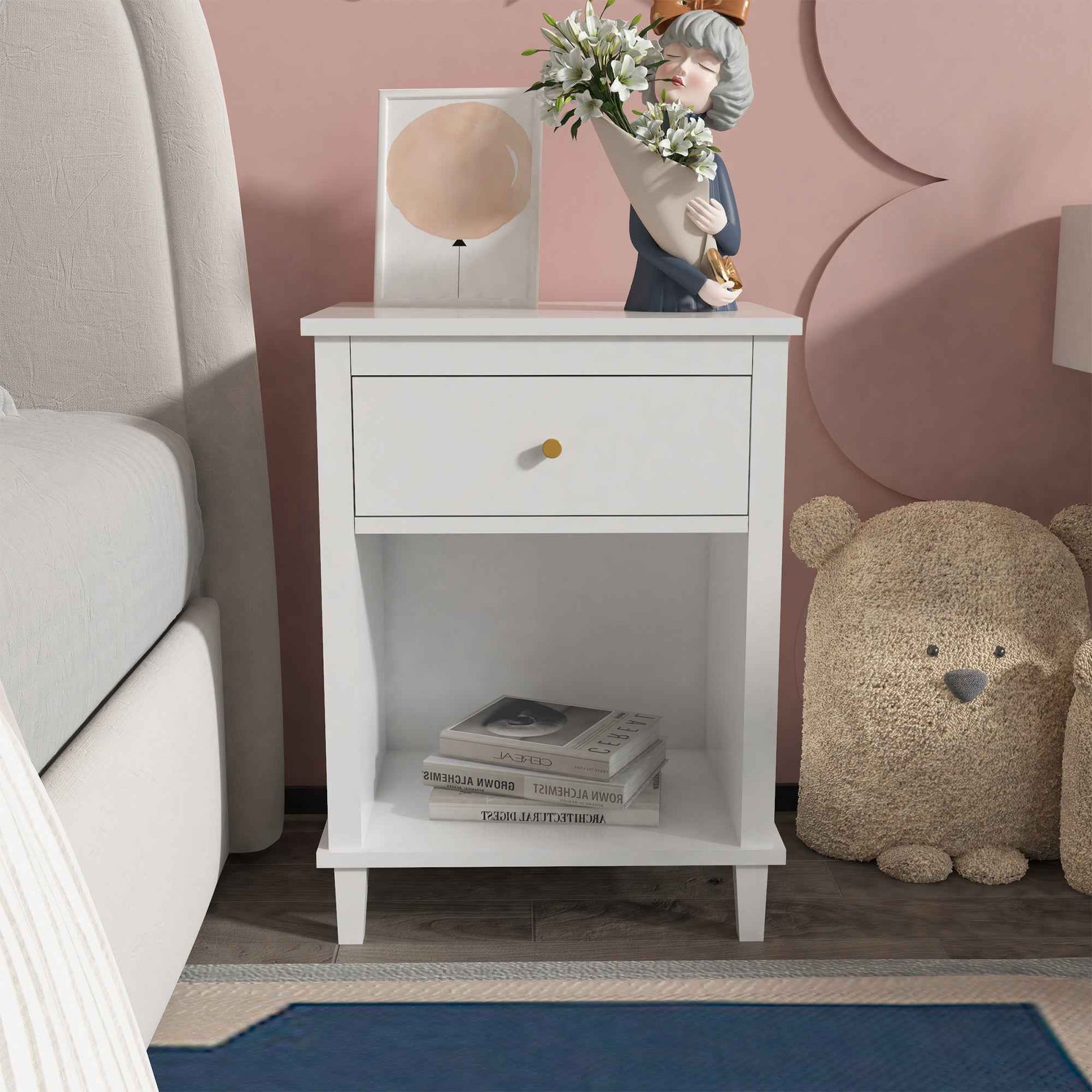 Elegant 26.77" White Wooden Nightstand with Drawer and Shelf