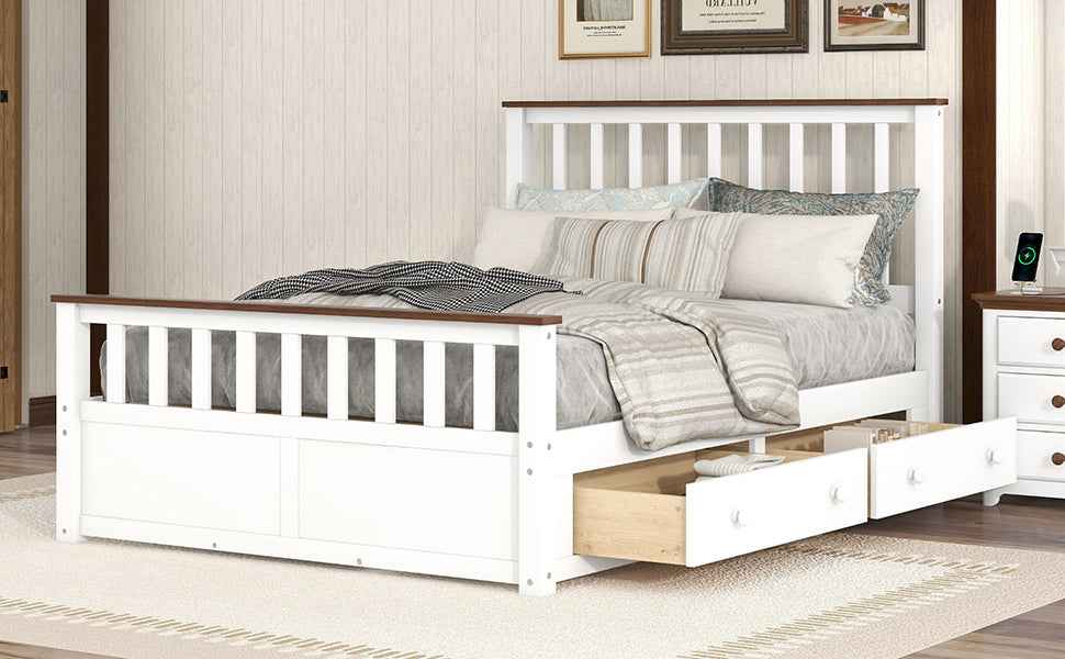 Elegant White Wood Platform Full Size Bed with Drawers