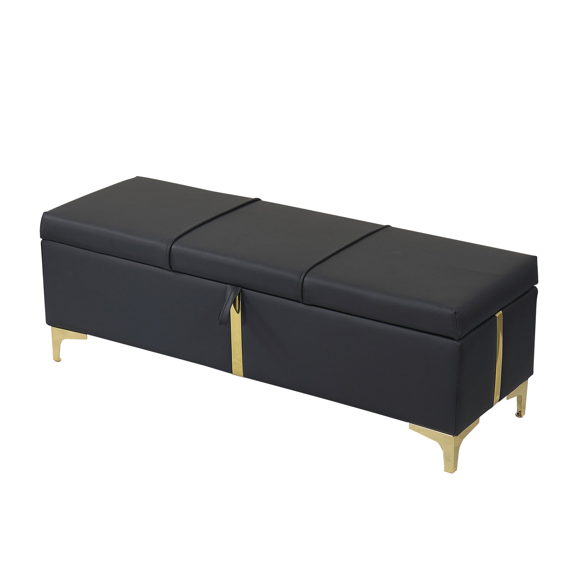 Upholstered black storage ottoman with metal legs, part of a 2-piece bedroom set from Furnistra store.