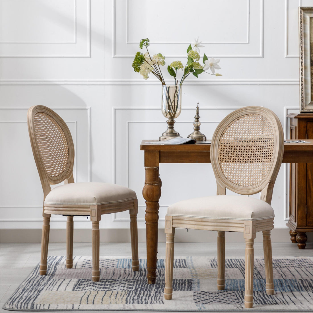 Elegant Solid Wood Dining Chairs with Rattan Backs, Set of 2