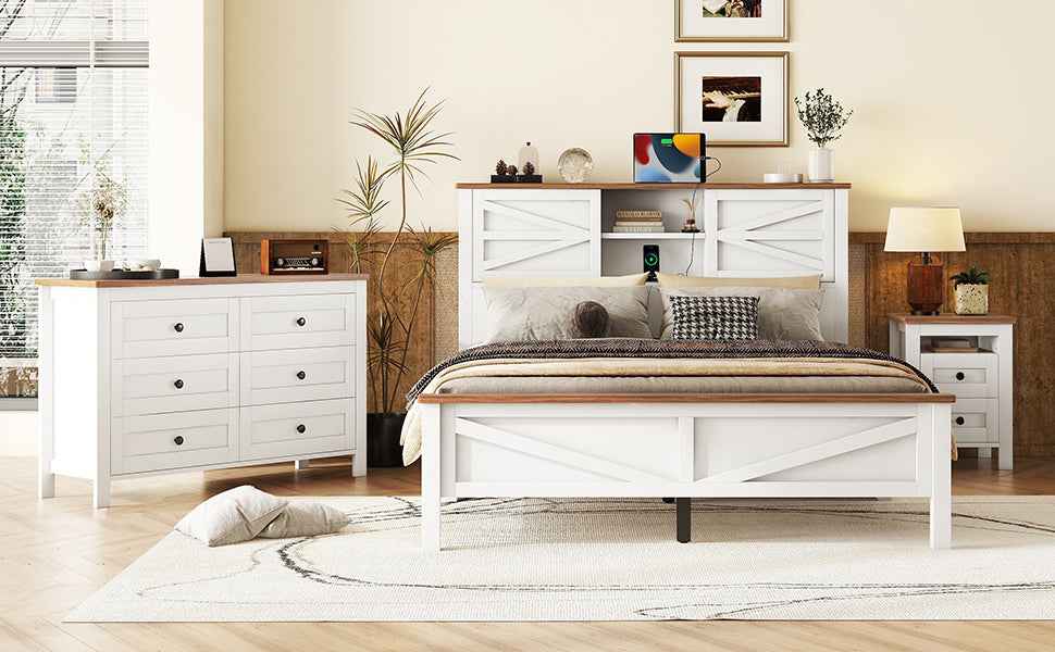 Farmhouse Chic 3-Piece Bedroom Set with Platform Bed, Dresser and Nightstand